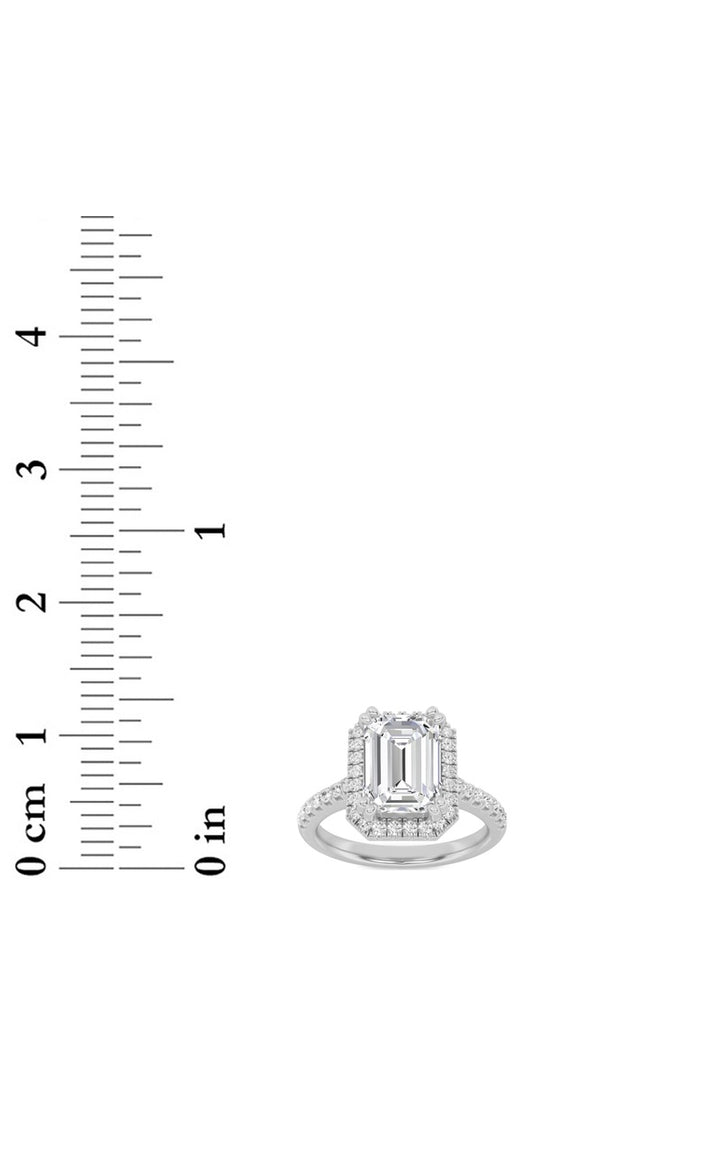 3Cttw Emerald Shaped Lab Grown Diamond (F/VS) Classic Halo Accented Engagement Ring in 14K Gold