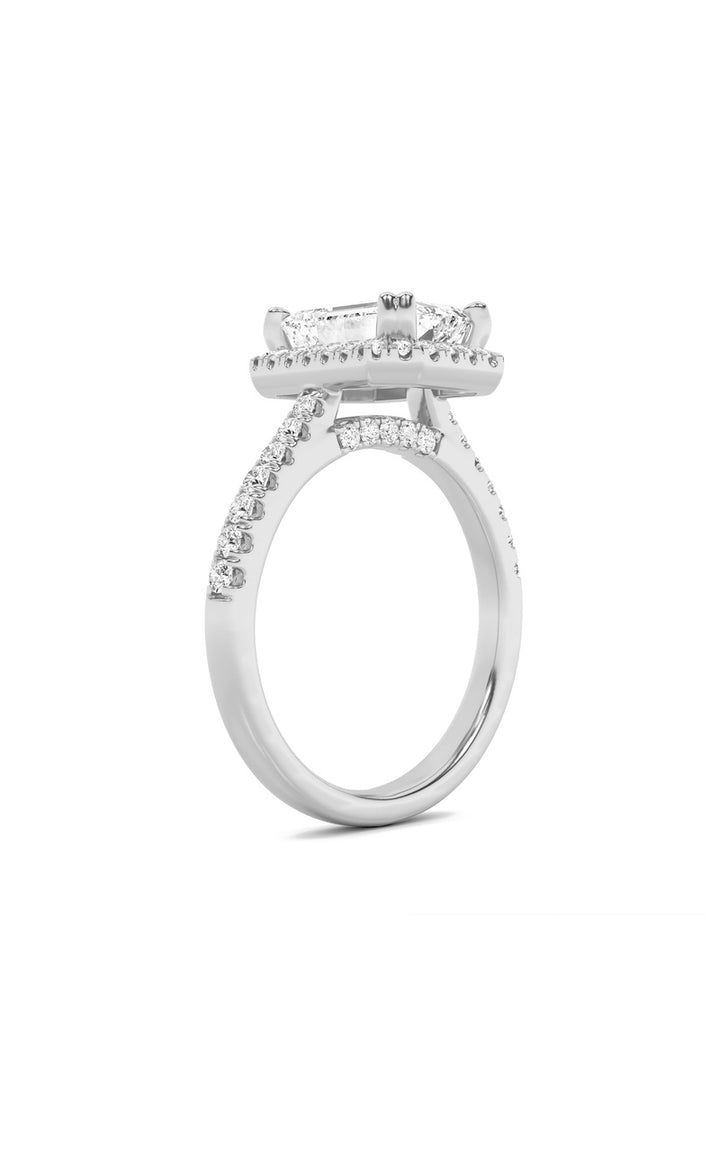 3Cttw Emerald Shaped Lab Grown Diamond (F/VS) Classic Halo Accented Engagement Ring in 14K Gold
