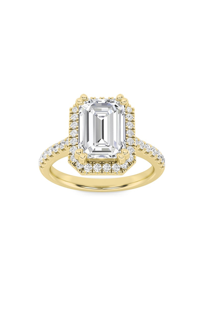 3Cttw Emerald Shaped Lab Grown Diamond (F/VS) Classic Halo Accented Engagement Ring in 14K Gold