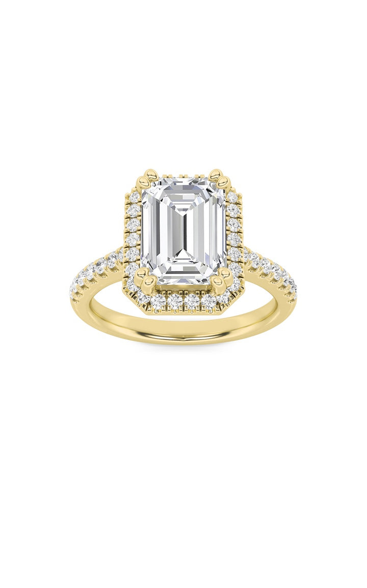 3Cttw Emerald Shaped Lab Grown Diamond (F/VS) Classic Halo Accented Engagement Ring in 14K Gold