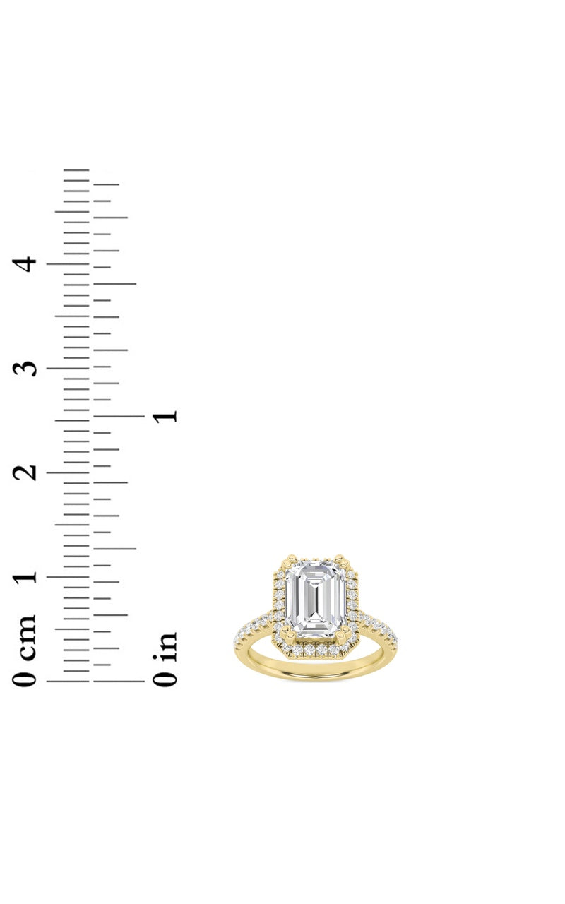 3Cttw Emerald Shaped Lab Grown Diamond (F/VS) Classic Halo Accented Engagement Ring in 14K Gold
