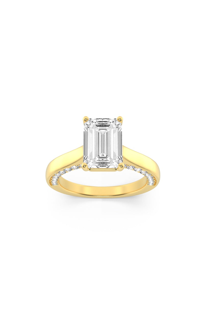 2Cttw Emerald Shaped Lab Grown Diamond (G/VS) Accented Bridge Shank Engagement Ring in 14K Gold