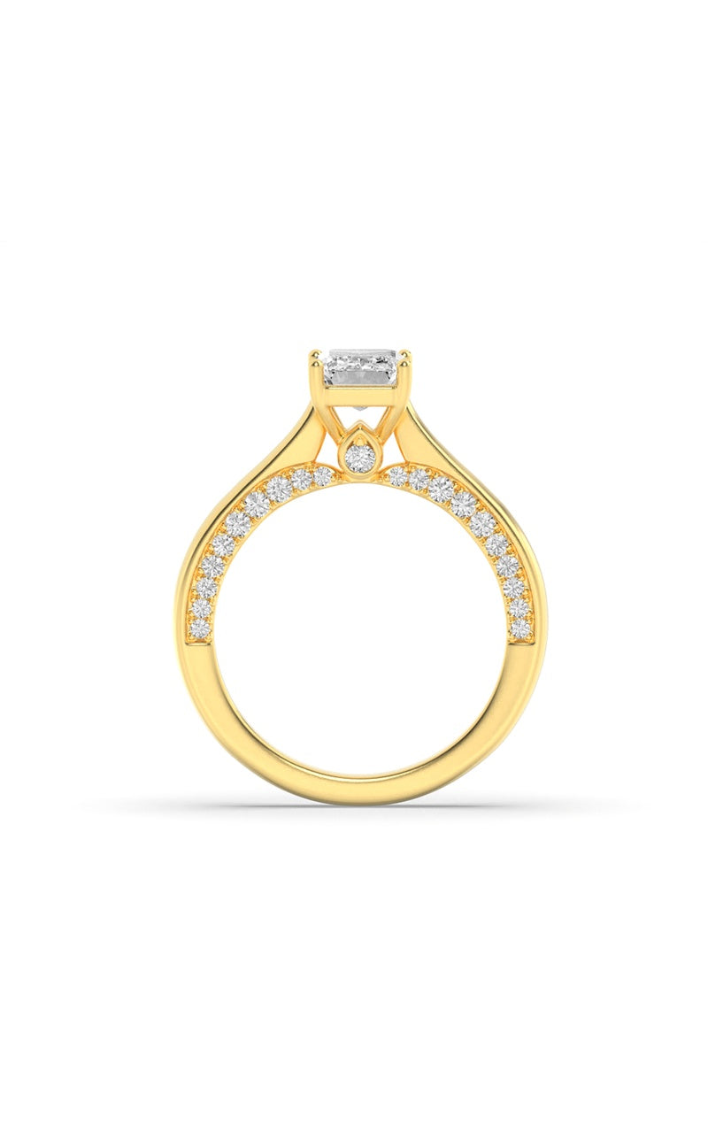 2Cttw Emerald Shaped Lab Grown Diamond (G/VS) Accented Bridge Shank Engagement Ring in 14K Gold