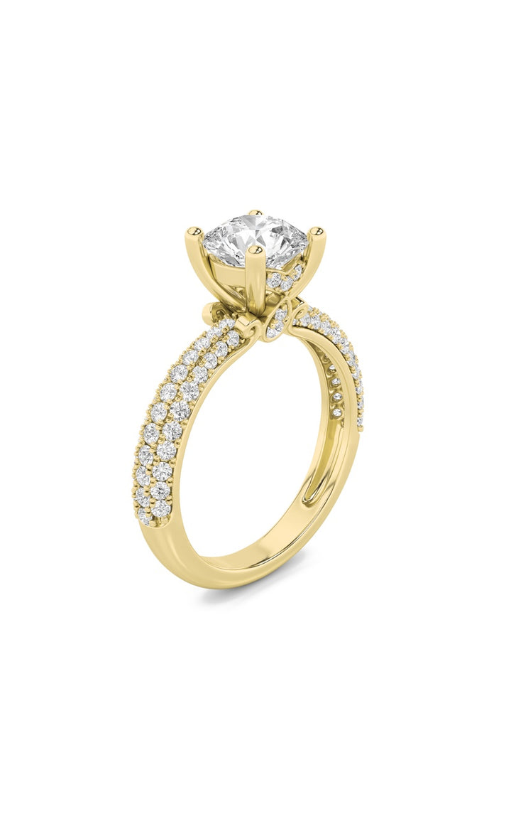 2Cttw Round Shaped Lab Grown Diamond (F/VS) Three Row Micro Pave Engagement Ring in 14K Gold