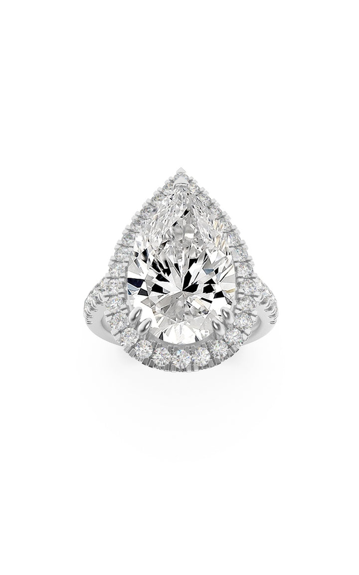 3Cttw Pear Shaped Lab Grown Diamond (F/VS) Bolld Accented Halo Engagement Ring in 14K Gold