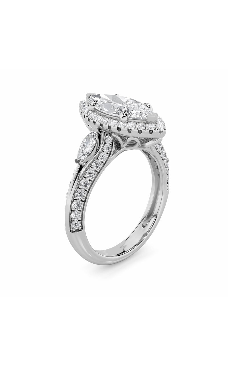 3Cttw Marquise Shaped Lab Grown Diamond (F/VS) Three Stone Halo Enagement Ring in 14K Gold