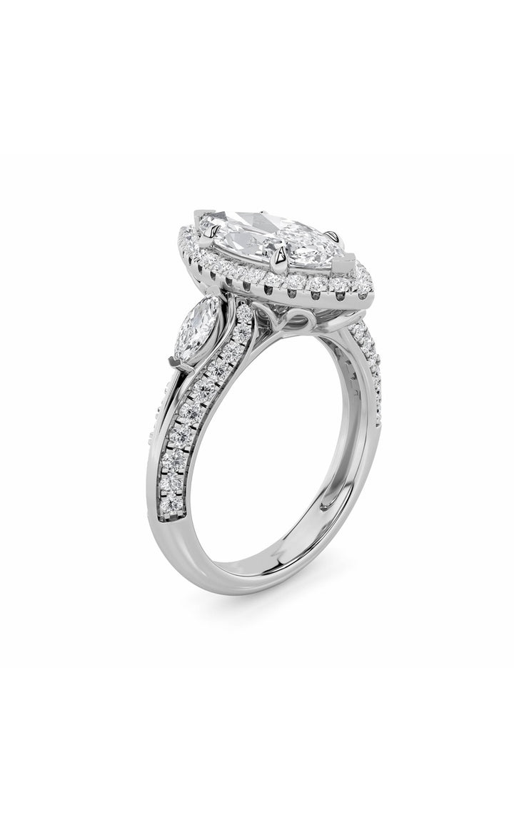 3Cttw Marquise Shaped Lab Grown Diamond (F/VS) Three Stone Halo Enagement Ring in 14K Gold