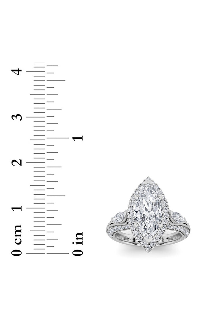 3Cttw Marquise Shaped Lab Grown Diamond (F/VS) Three Stone Halo Enagement Ring in 14K Gold
