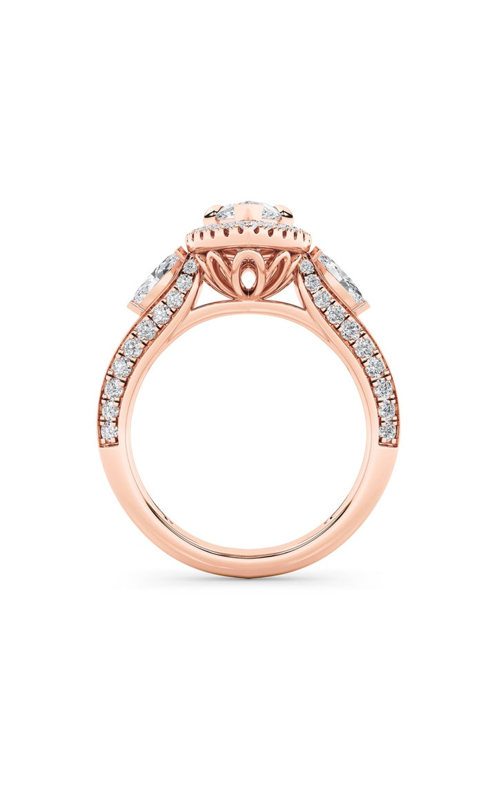 3Cttw Marquise Shaped Lab Grown Diamond (F/VS) Three Stone Halo Enagement Ring in 14K Gold