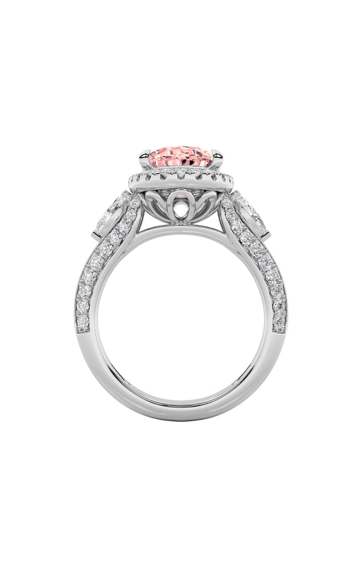 3Cttw Oval Shaped Lab Grown Diamond (F/VS) Three Stone Halo Enagement Ring in 14K Gold