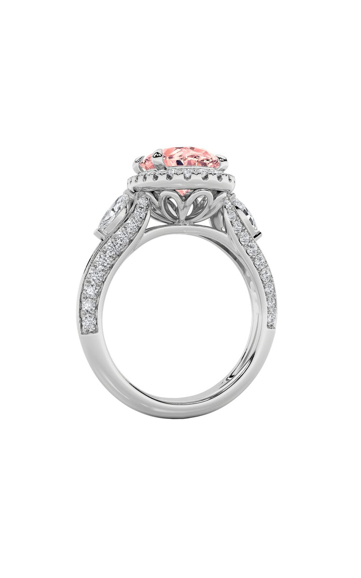 3Cttw Oval Shaped Lab Grown Diamond (F/VS) Three Stone Halo Enagement Ring in 14K Gold