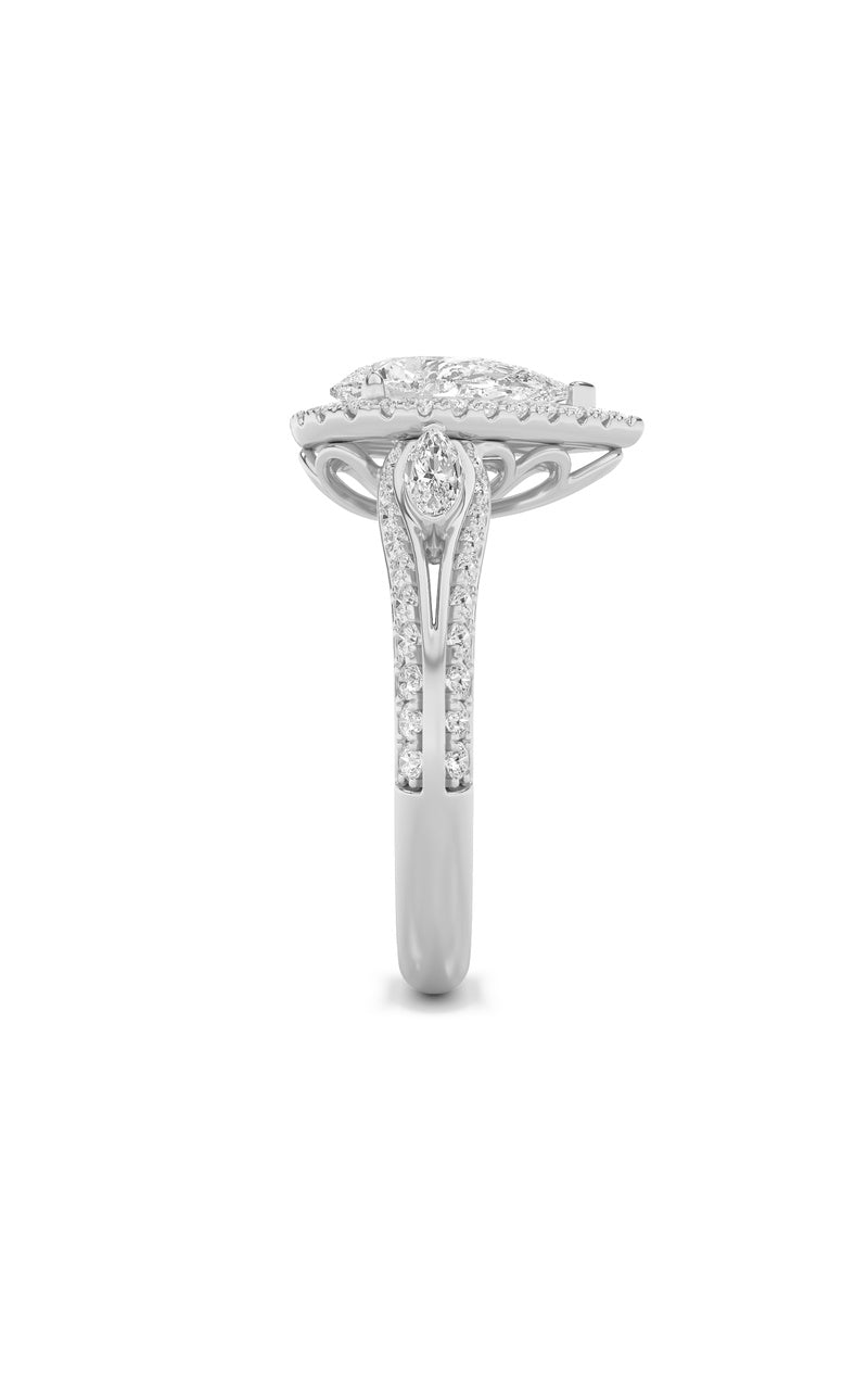 3Cttw Pear Shaped Lab Grown Diamond (F/VS) Three Stone Halo Enagement Ring in 14K Gold