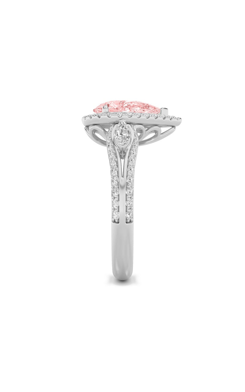3Cttw Pear Shaped Lab Grown Diamond (F/VS) Three Stone Halo Enagement Ring in 14K Gold