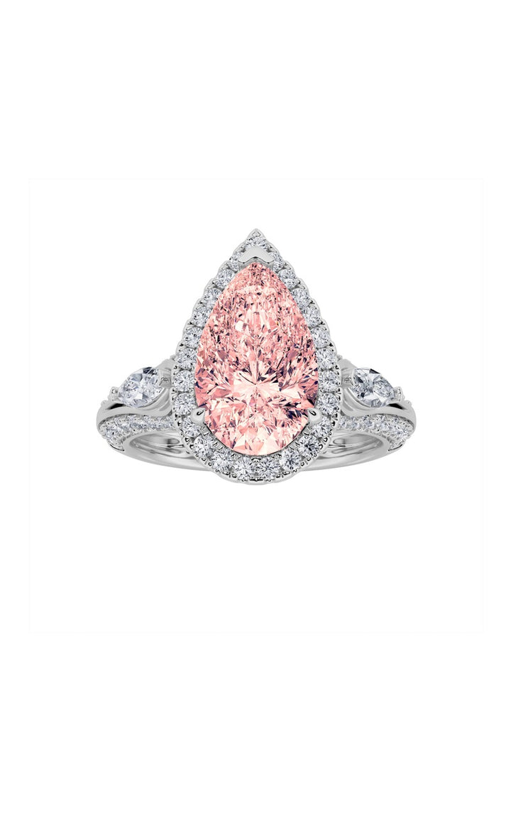3Cttw Pear Shaped Lab Grown Diamond (F/VS) Three Stone Halo Enagement Ring in 14K Gold