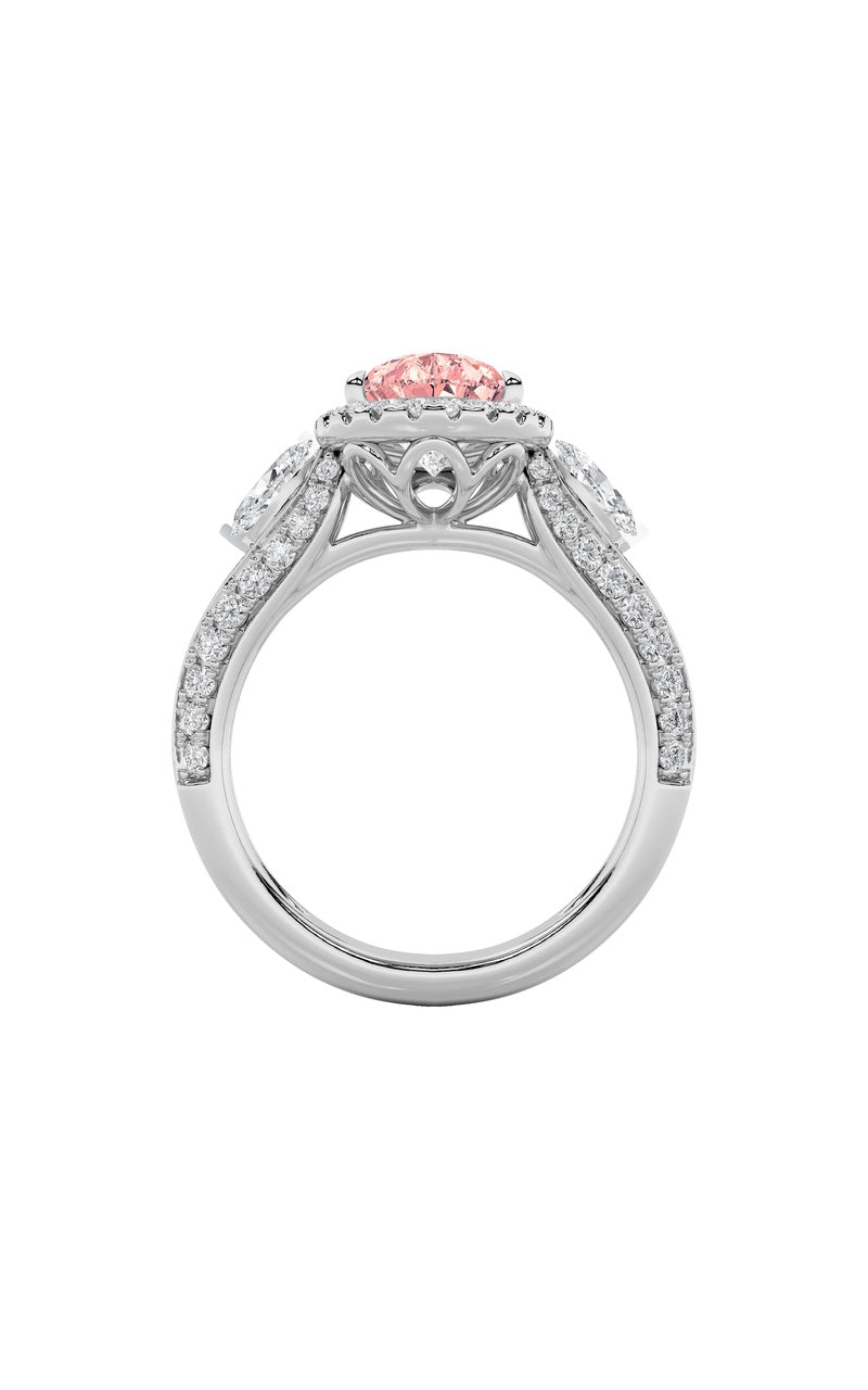 3Cttw Pear Shaped Lab Grown Diamond (F/VS) Three Stone Halo Enagement Ring in 14K Gold