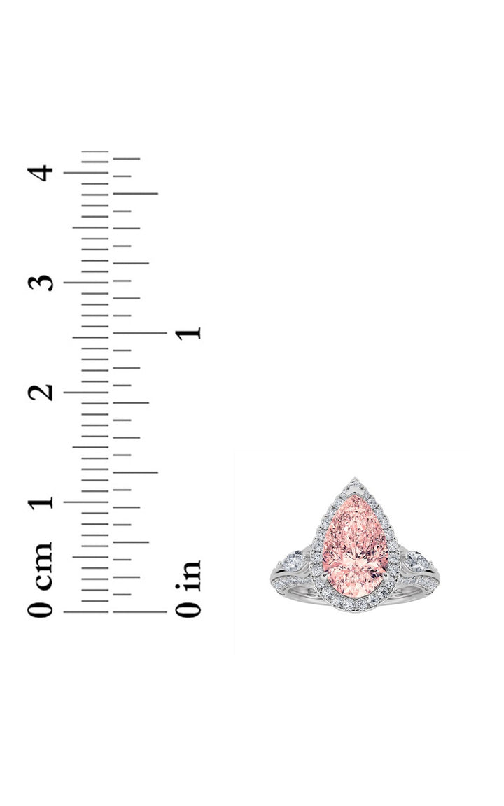 3Cttw Pear Shaped Lab Grown Diamond (F/VS) Three Stone Halo Enagement Ring in 14K Gold