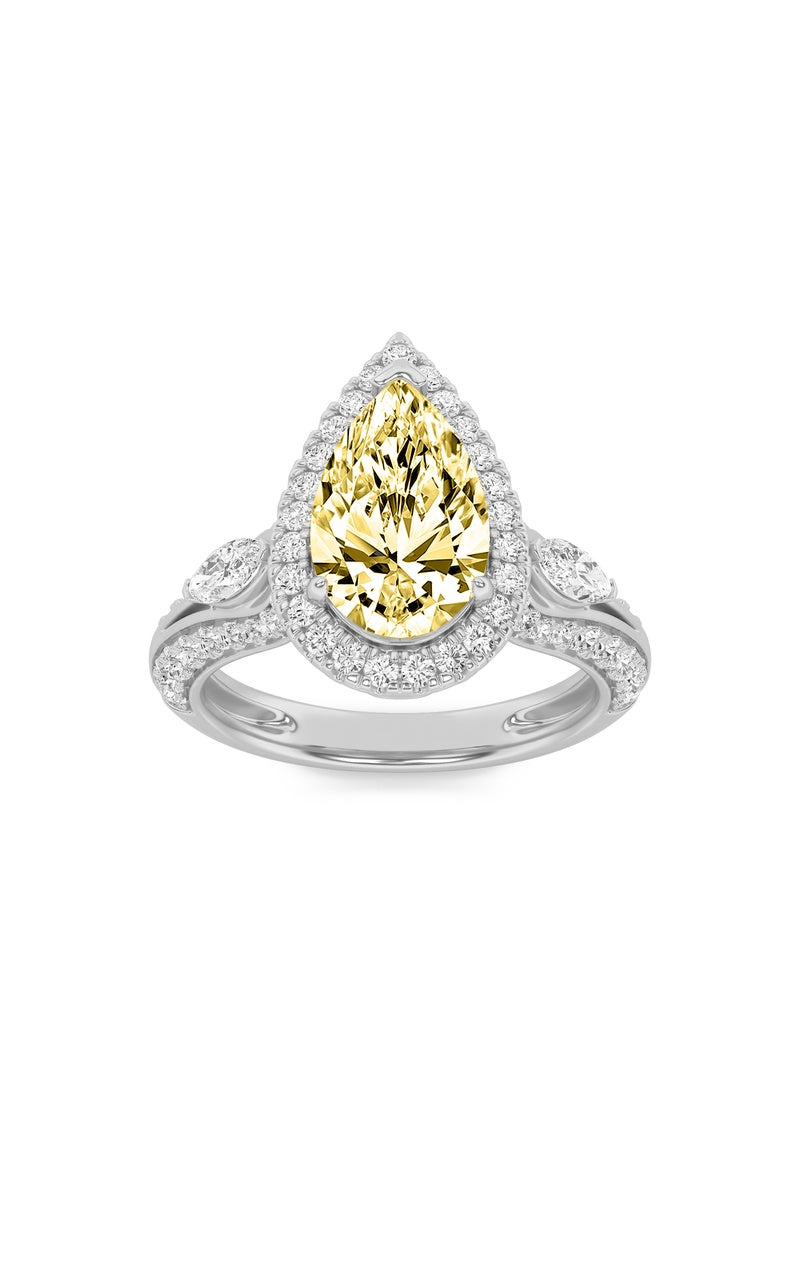 3Cttw Pear Shaped Lab Grown Diamond (F/VS) Three Stone Halo Enagement Ring in 14K Gold