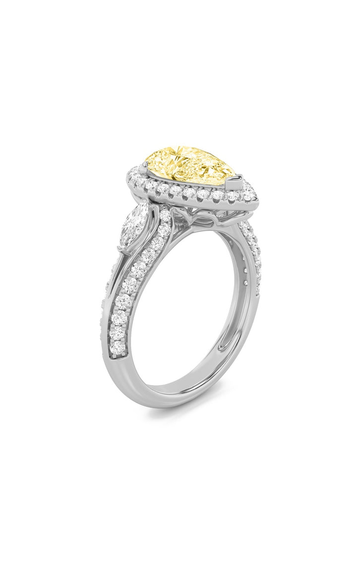 3Cttw Pear Shaped Lab Grown Diamond (F/VS) Three Stone Halo Enagement Ring in 14K Gold