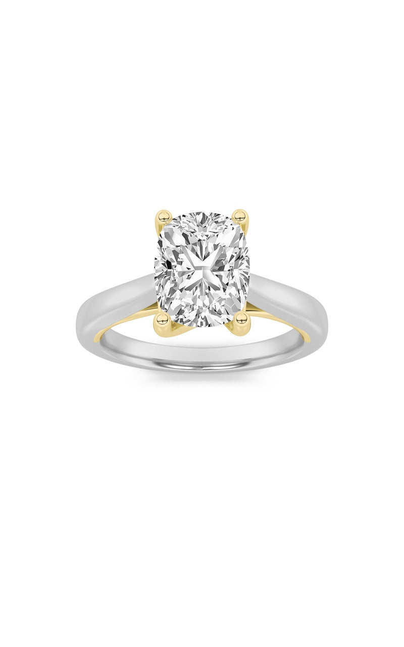 2.5Cttw Elongated Cushion Shaped Lab Grown Diamond (F/VS) Two Tone Cathedral Shank Engagement Ring in 14K Gold