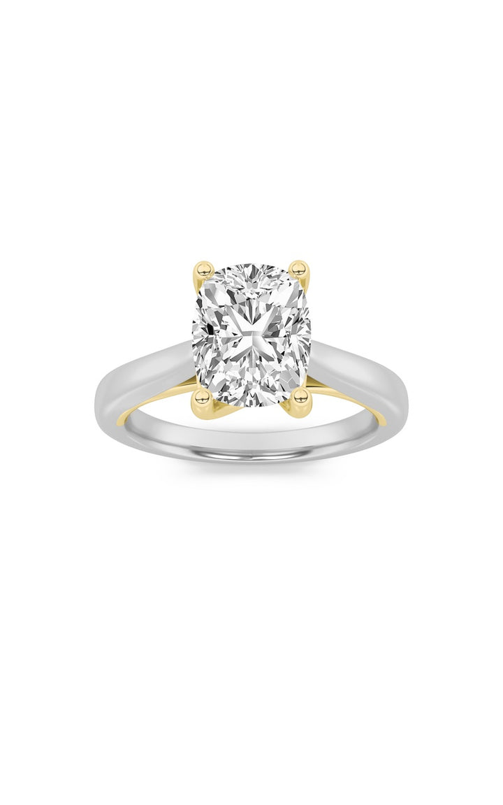 2.5Cttw Elongated Cushion Shaped Lab Grown Diamond (F/VS) Two Tone Cathedral Shank Engagement Ring in 14K Gold