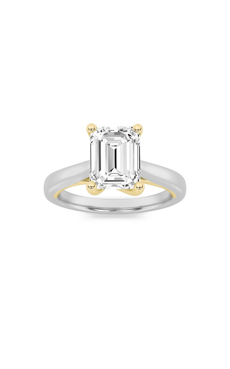 1Cttw Emerald Shaped Lab Grown Diamond (F/VS) TwoTone Cathedral Shank Engagement Ring in 14K Gold