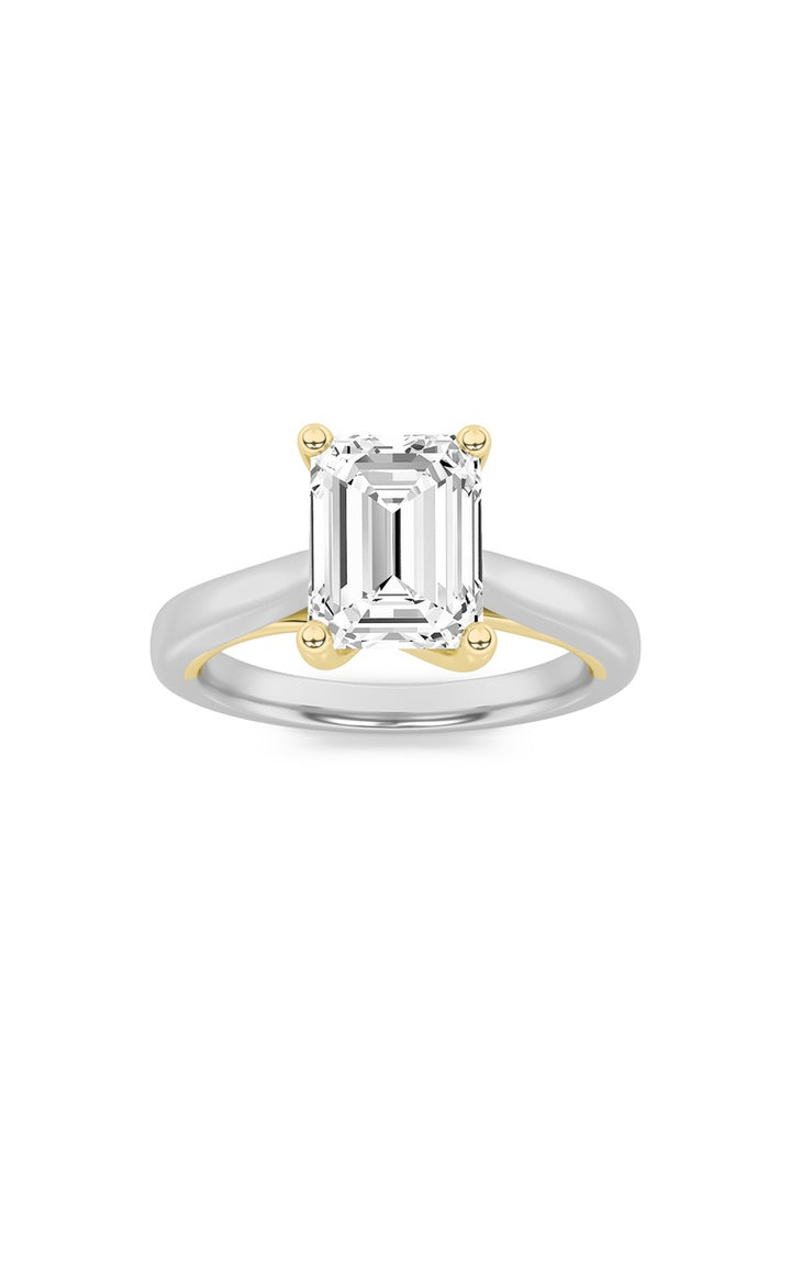 1Cttw Emerald Shaped Lab Grown Diamond (F/VS) TwoTone Cathedral Shank Engagement Ring in 14K Gold