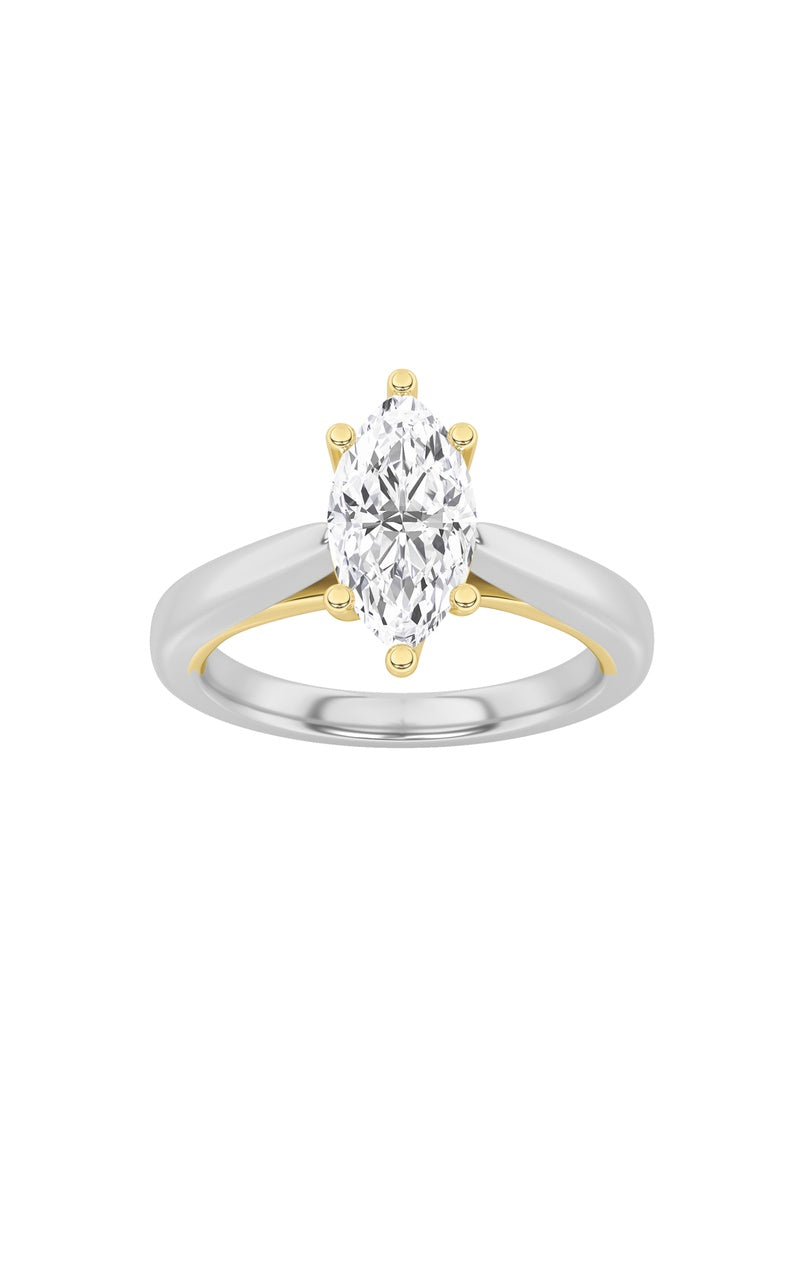 1Cttw Marquise Shaped Lab Grown Diamond (F/VS) Two Tone Six Prong Engagement Ring in 14K Gold