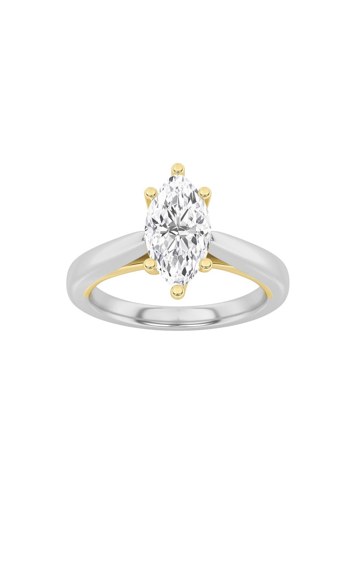 1Cttw Marquise Shaped Lab Grown Diamond (F/VS) Two Tone Six Prong Engagement Ring in 14K Gold