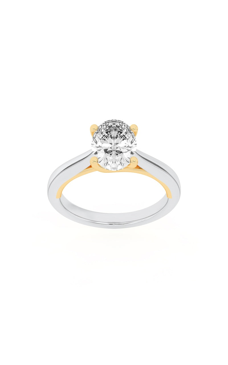 2CTW Oval Shaped Lab Grown Diamond (F/VS) Two Tone Cathedral Shank Engagement Ring in 14K Gold