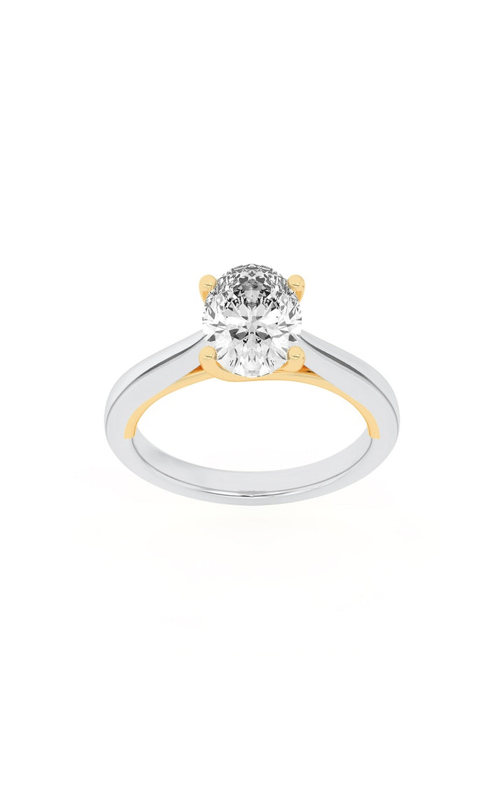 2CTW Oval Shaped Lab Grown Diamond (F/VS) Two Tone Cathedral Shank Engagement Ring in 14K Gold