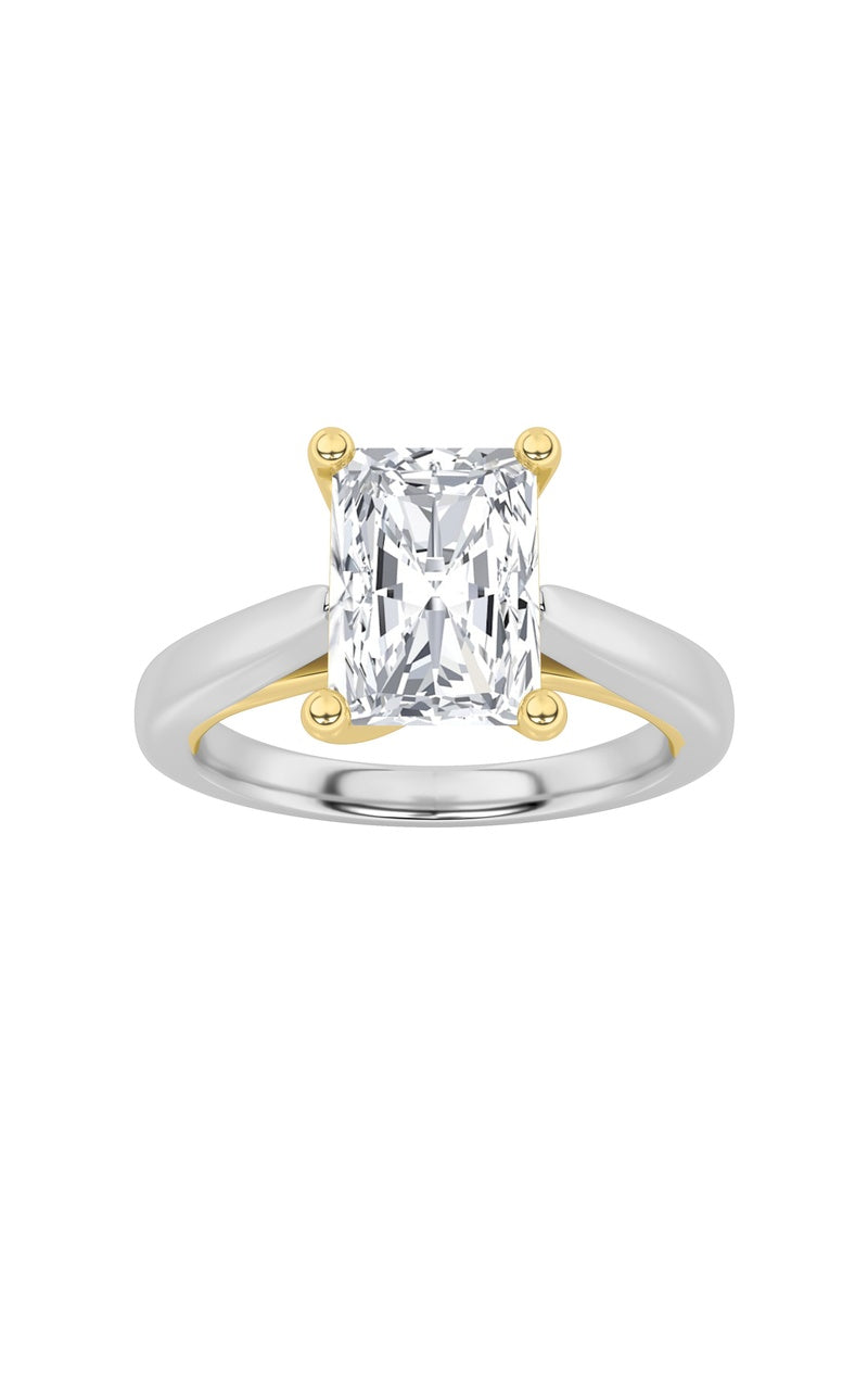 2CTW Radiant Shaped Lab Grown Diamond (F/VS) Two Tone Cathedral Shank Engagement Ring in 14K Gold