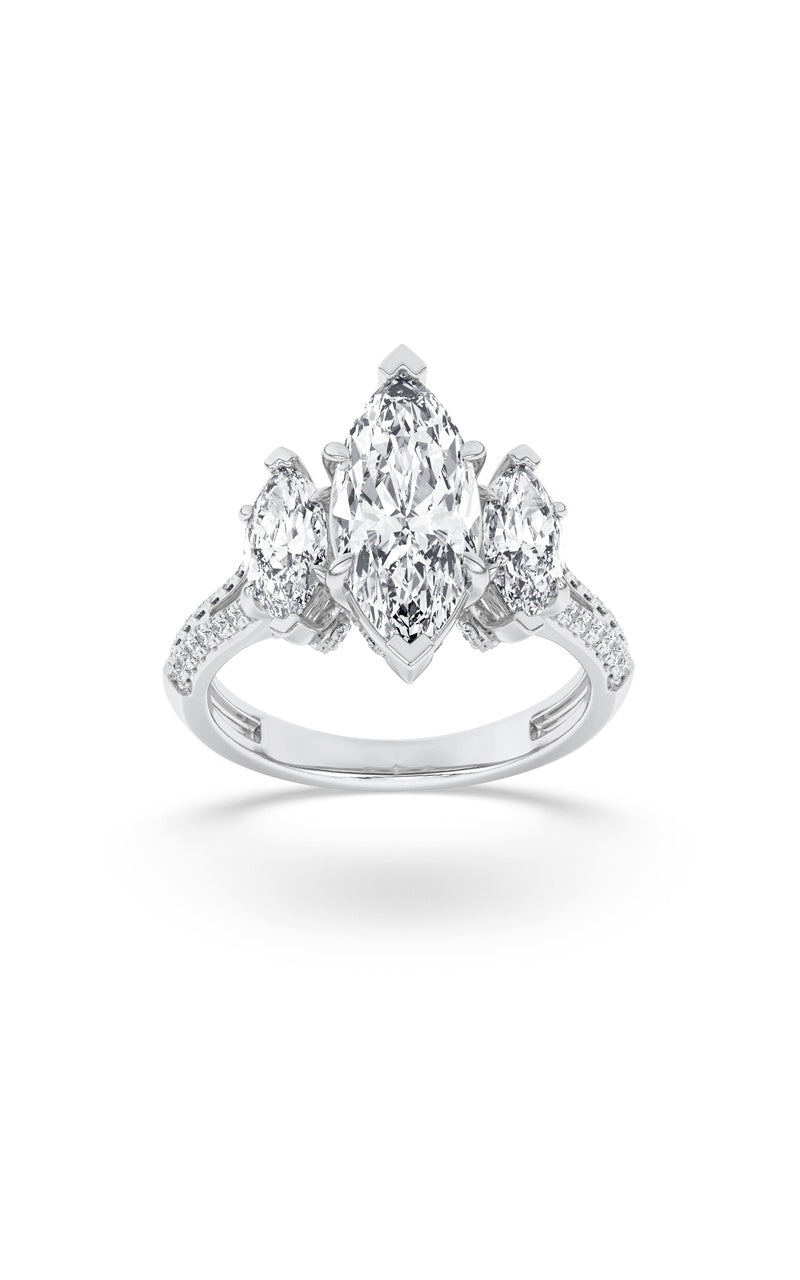 4Cttw Marquise Shaped Lab Grown Diamond (G/VS) Three Stone Accented Engagement Ring in 14K Gold