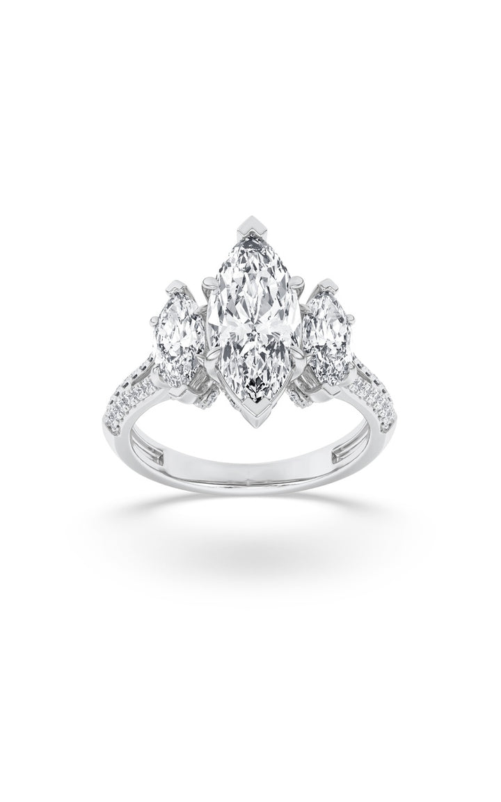 4Cttw Marquise Shaped Lab Grown Diamond (G/VS) Three Stone Accented Engagement Ring in 14K Gold