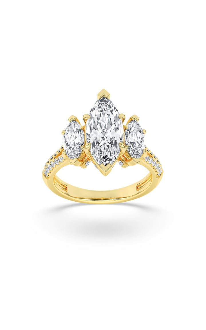 4Cttw Marquise Shaped Lab Grown Diamond (G/VS) Three Stone Accented Engagement Ring in 14K Gold