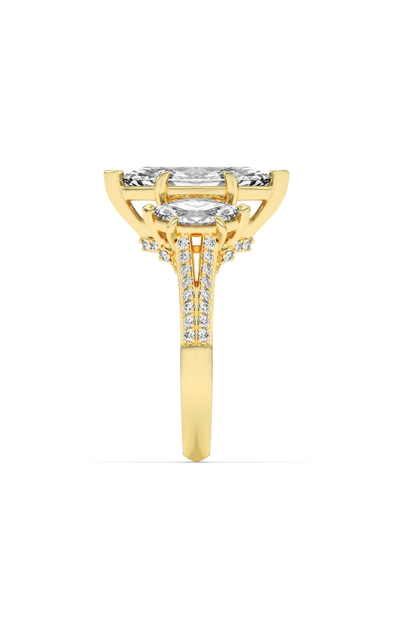 4Cttw Marquise Shaped Lab Grown Diamond (G/VS) Three Stone Accented Engagement Ring in 14K Gold