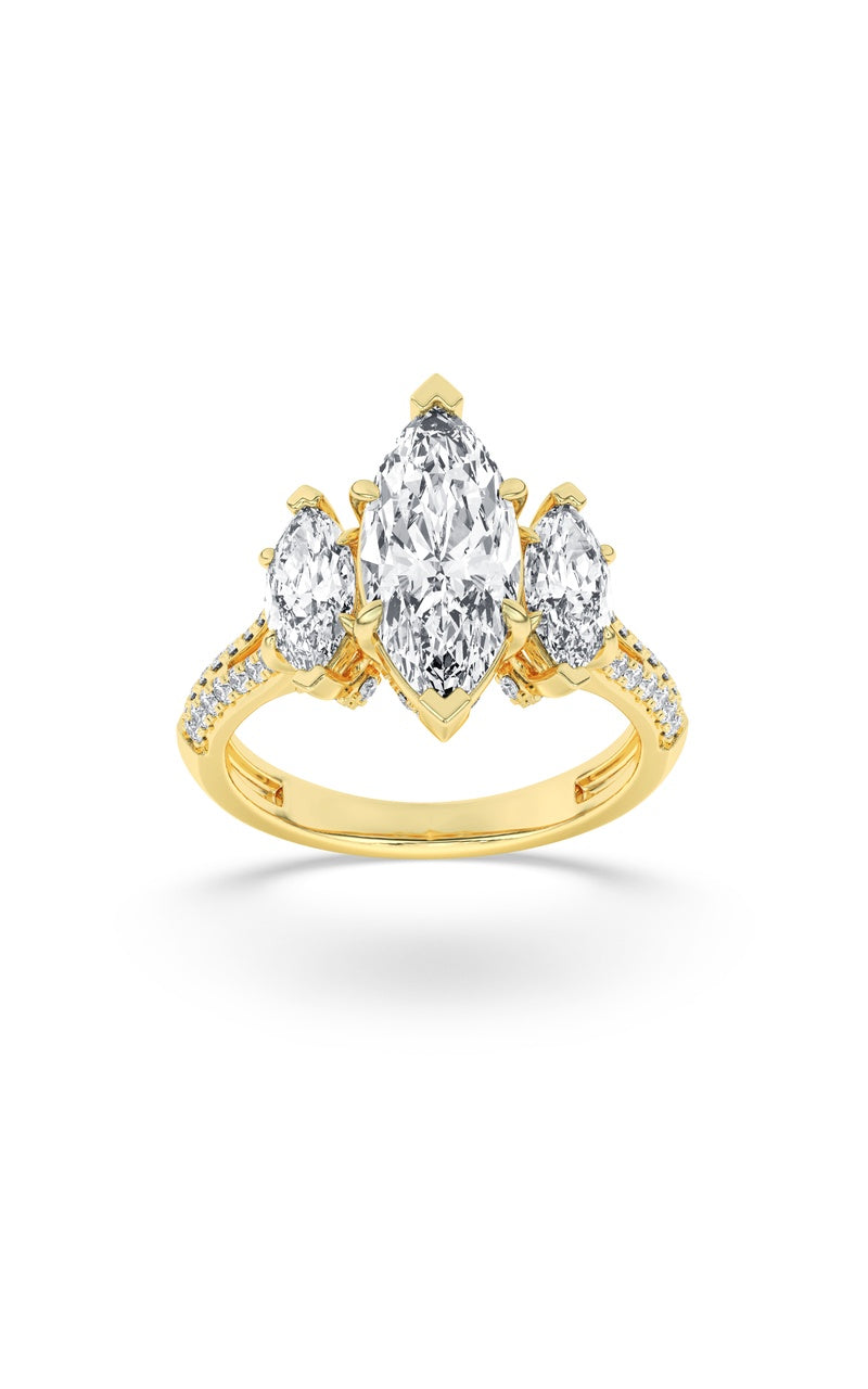 4Cttw Marquise Shaped Lab Grown Diamond (G/VS) Three Stone Accented Engagement Ring in 14K Gold