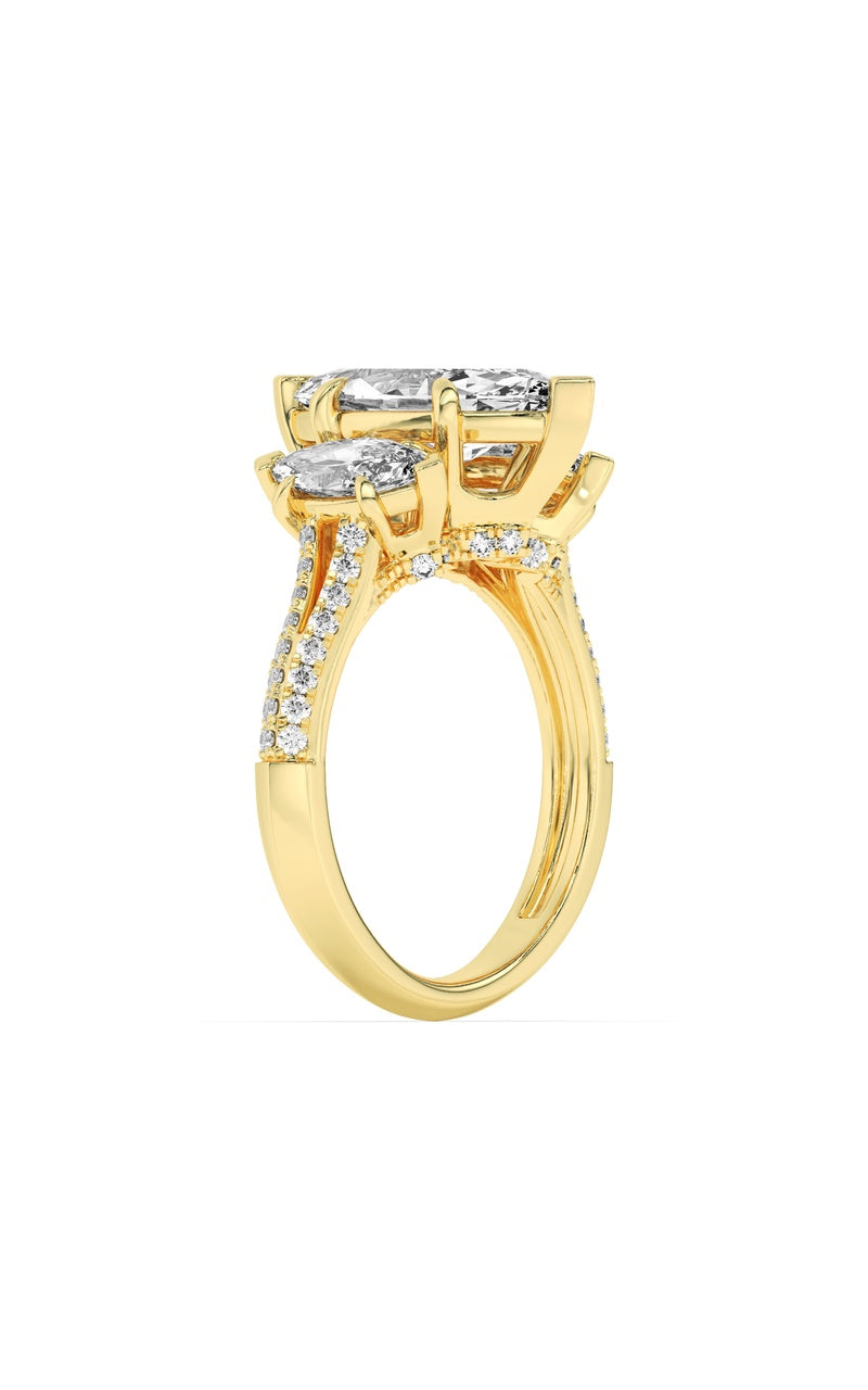 4Cttw Marquise Shaped Lab Grown Diamond (G/VS) Three Stone Accented Engagement Ring in 14K Gold