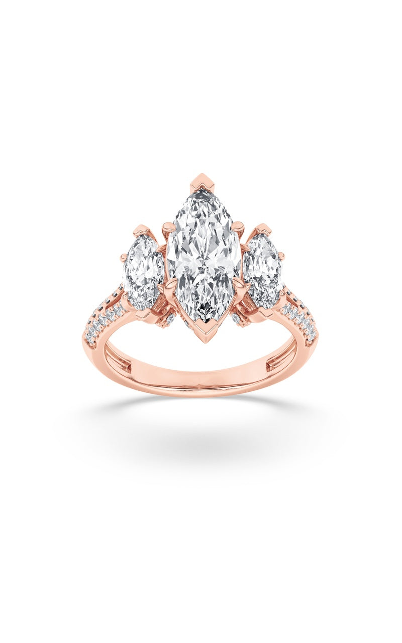 4Cttw Marquise Shaped Lab Grown Diamond (G/VS) Three Stone Accented Engagement Ring in 14K Gold