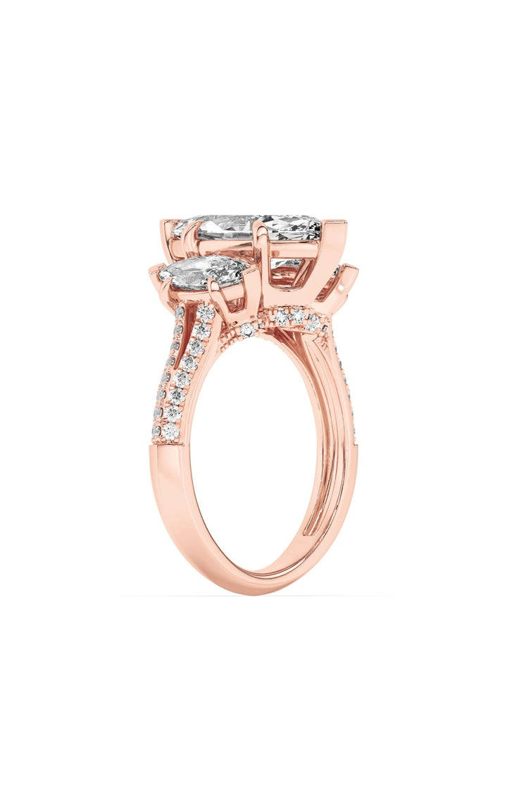 4Cttw Marquise Shaped Lab Grown Diamond (G/VS) Three Stone Accented Engagement Ring in 14K Gold