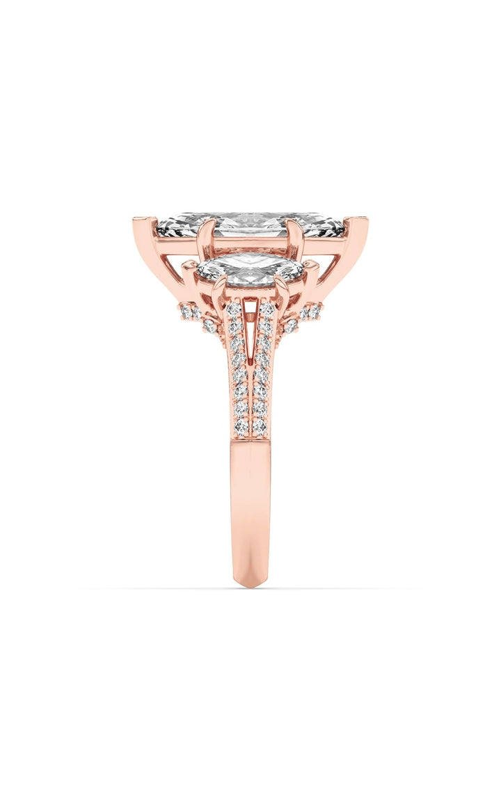 4Cttw Marquise Shaped Lab Grown Diamond (G/VS) Three Stone Accented Engagement Ring in 14K Gold