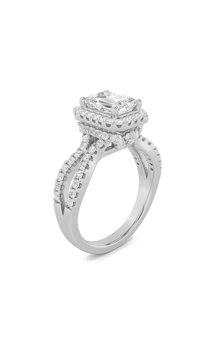 2Cttw Emerald Shaped Lab Grown Diamond (G/VS) Split Shank Halo Accented Engagement Ring in 14K Gold