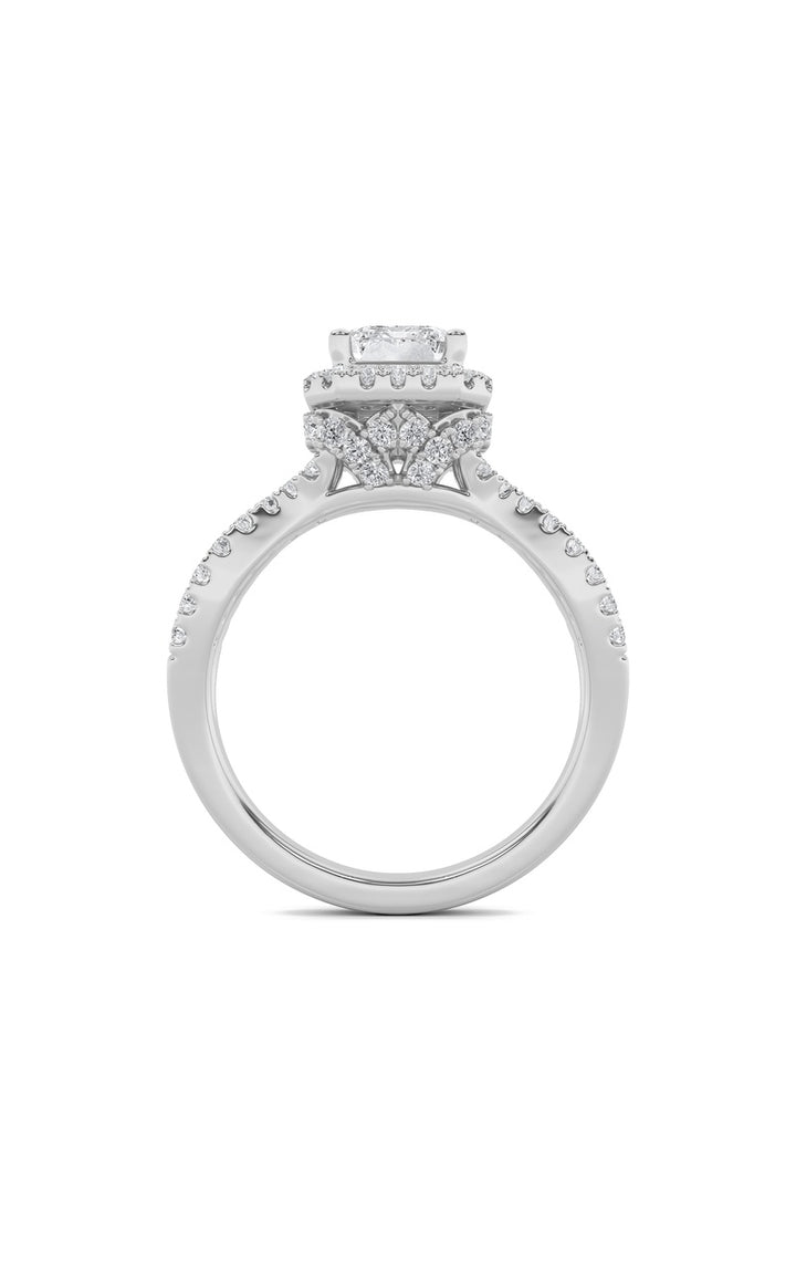 2Cttw Emerald Shaped Lab Grown Diamond (G/VS) Split Shank Halo Accented Engagement Ring in 14K Gold