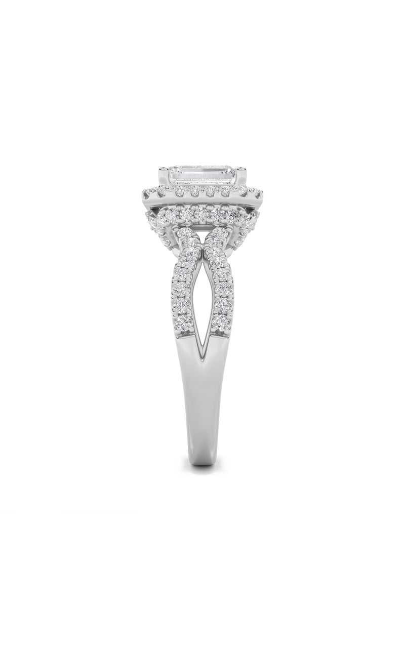 2CTW Emerald Shaped Lab Grown Diamond (G/VS) Split Shank Halo Accented Engagement Ring in 14K Gold
