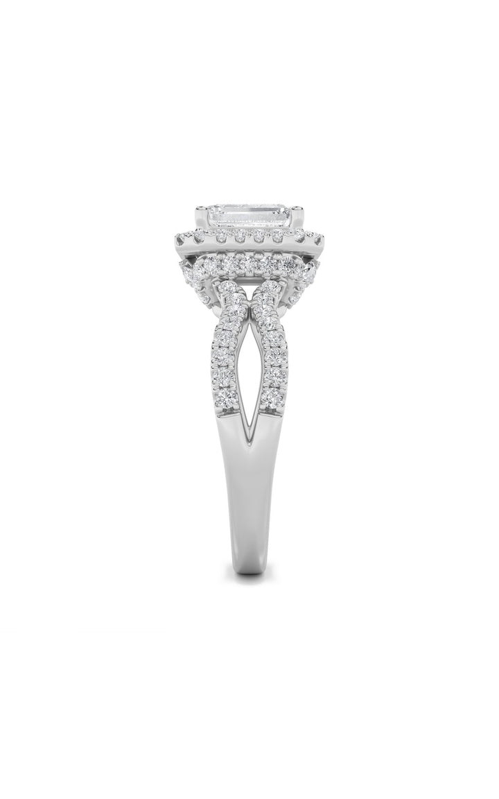 2CTW Emerald Shaped Lab Grown Diamond (G/VS) Split Shank Halo Accented Engagement Ring in 14K Gold
