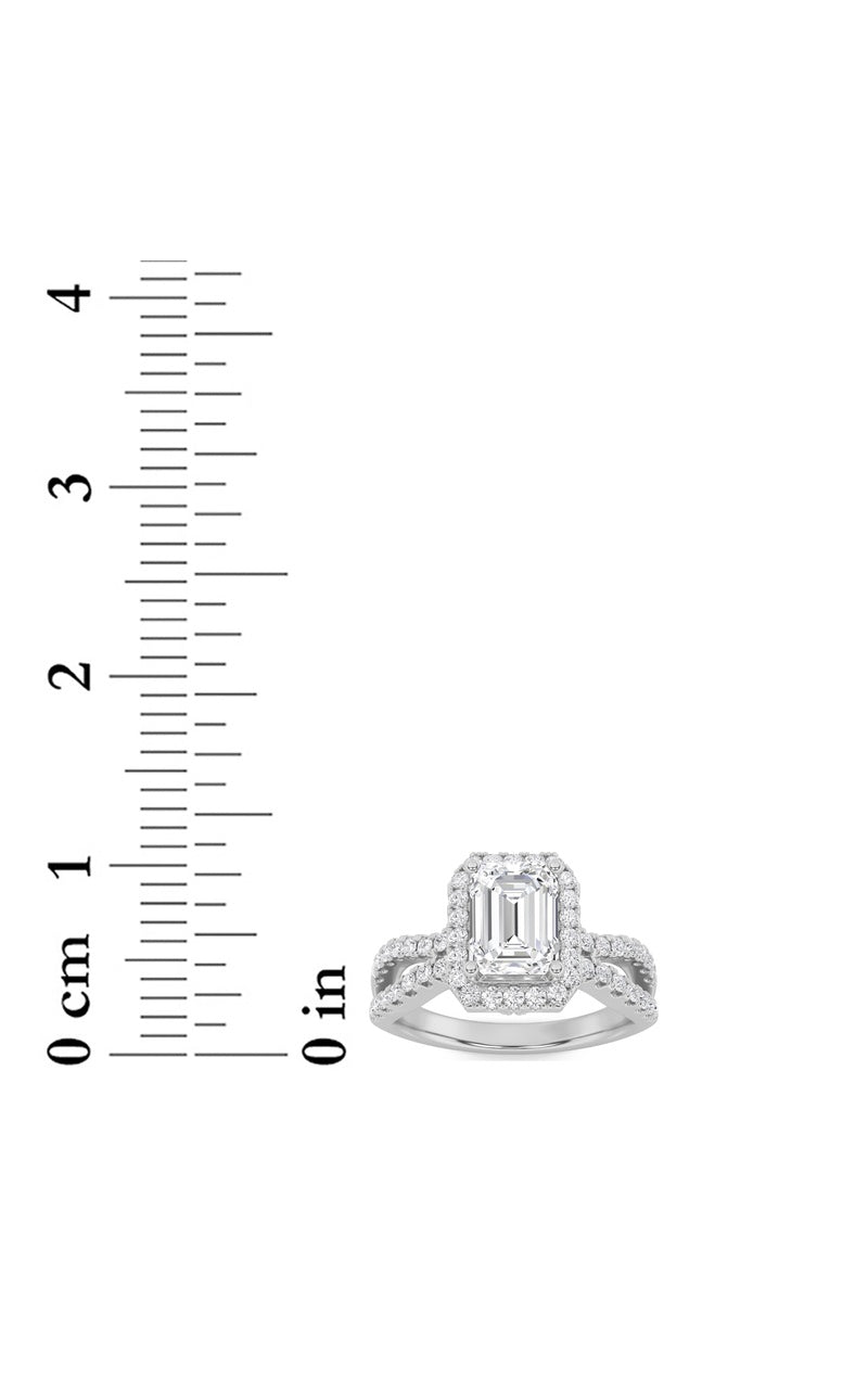 2Cttw Emerald Shaped Lab Grown Diamond (G/VS) Split Shank Halo Accented Engagement Ring in 14K Gold