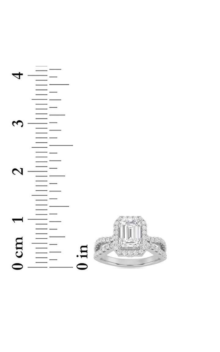 2CTW Emerald Shaped Lab Grown Diamond (G/VS) Split Shank Halo Accented Engagement Ring in 14K Gold