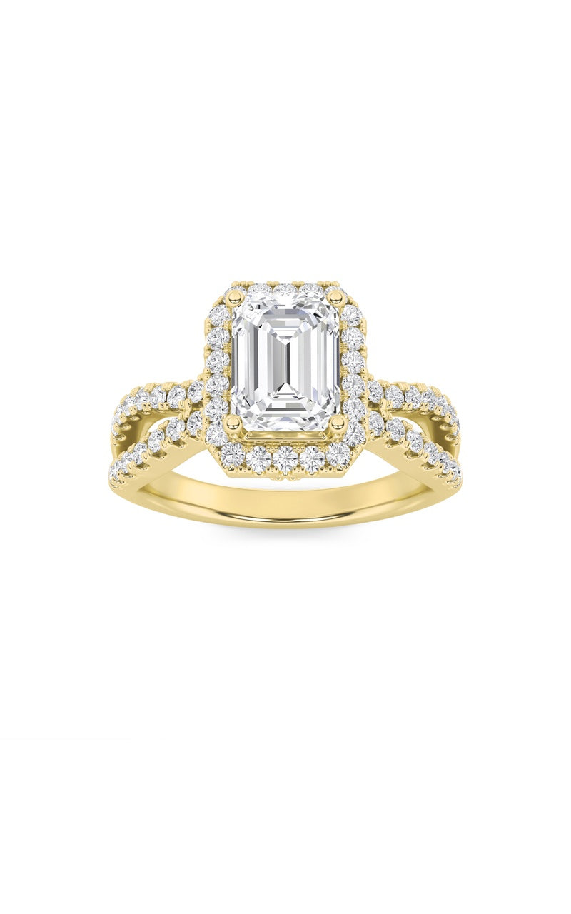 2Cttw Emerald Shaped Lab Grown Diamond (G/VS) Split Shank Halo Accented Engagement Ring in 14K Gold