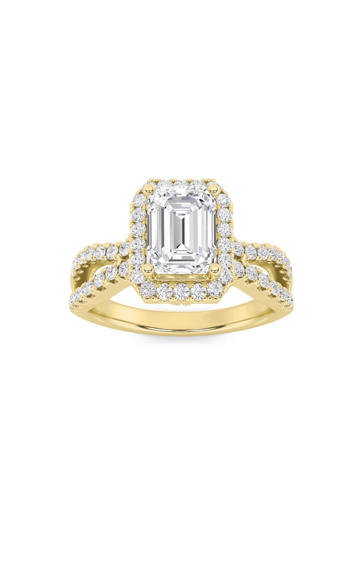 2Cttw Emerald Shaped Lab Grown Diamond (G/VS) Split Shank Halo Accented Engagement Ring in 14K Gold