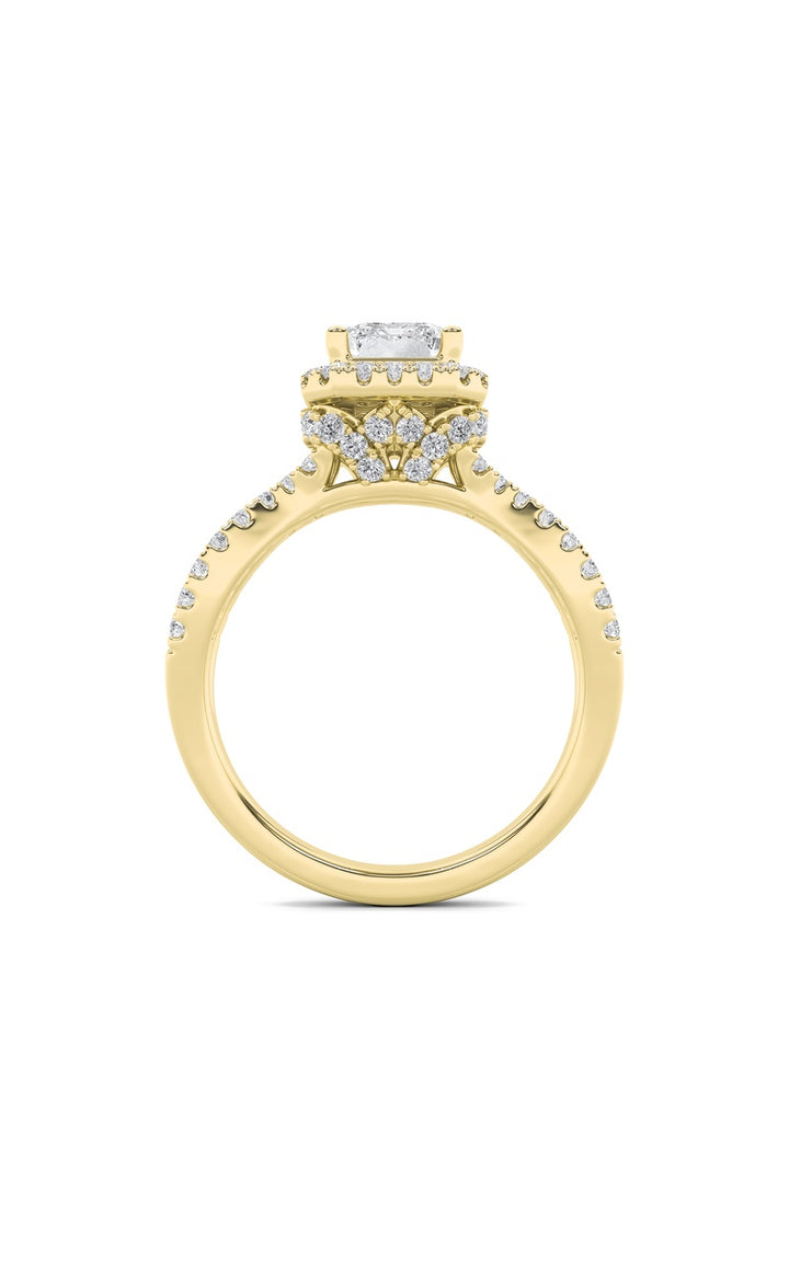 2CTW Emerald Shaped Lab Grown Diamond (G/VS) Split Shank Halo Accented Engagement Ring in 14K Gold