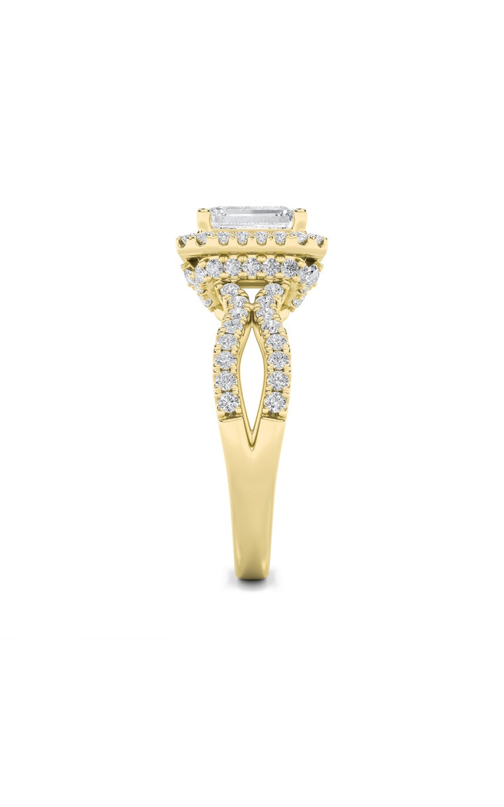 2CTW Emerald Shaped Lab Grown Diamond (G/VS) Split Shank Halo Accented Engagement Ring in 14K Gold